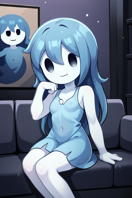 score_9, score_8_up, nsfw, score_7_up, <lora:Spooky:0.9>  spooky (sjm), ghost girl, solid oval eyes, smile, transparent, colored skin, long blue hair, small breasts, blue dress, solo, sitting on wall,, room, couch, fim,