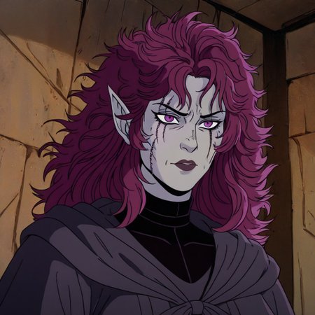 masterpiece, best quality, newest, absurdres, highres, 
X-1990STV1.0, 
1girl, goth, gothic, goth fashion, victorian, elf, coreset, messy hair, scar, scars, scar on face, robe, medival, medival clothing, mature, mature female,
Purple hair, Purple eyes, grey skin, colored skin, grey colored skin,