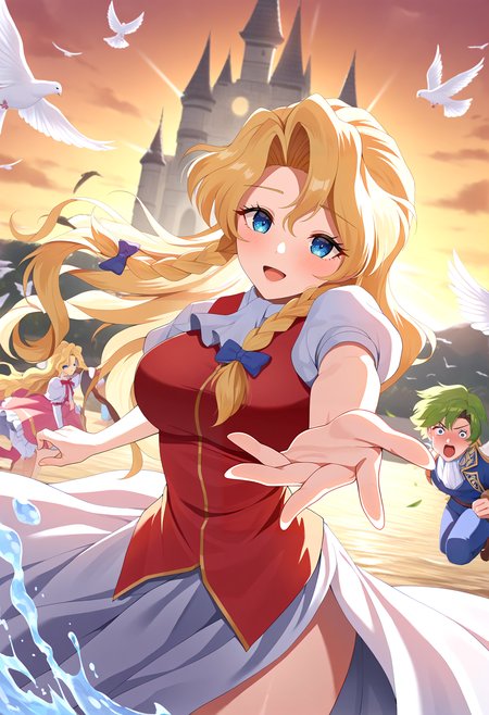 very awa, masterpiece, best quality, year 2024, newest, highres, absurdres, <lora:age_slider_v4:3> <lora:thicc_v1.4-pony:1.2>,detailed_background,outdoors,character request,splashing,open mouth,1boy,hair ornament,blush,green eyes,bird,mauve hair,castlevania: rondo of blood,castlevania \(series\),style parody,braid,dove,multiple girls,rta-chan,green hair,brown hair,fish,maria renard,rta in japan,blue eyes,super castlevania iv,looking at viewer,blonde hair,sunasu-tamako,parody,long hair