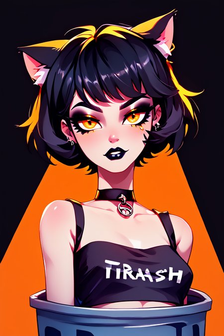 score_9, score_8_up, score_8,   BREAK,  <lora:Trash_Waifu_PDXL:1.0>,  zzTrashWaifu, in trash can,   black background, 1girl, solo, looking at viewer, short hair, black hair, crop top, cat ears, busty, animal ears, sleeveless, strapless, orange eyes, upper body, makeup, choker, lipstick, eyeshadow, orange background, black lips,  <lora:KuroCAT_Style:1.0>,   (text focus, the word trash:1),  BREAK,  embedding:zPDXL, Expressiveh,  <lora:CatalystStylePDXL:0.6>,  <lora:SDXLFaeTastic2400:0.5>,  <lora:Expressive_H-000001:0.4>,