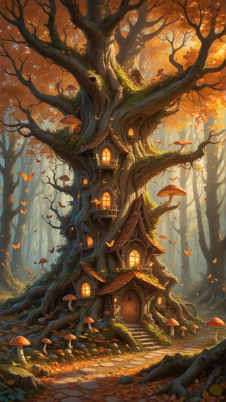 Fantasy painting of a whimsical, hollowed-out tree home to a group of mischievous fairies, Autumn setting, Falling leaves in a silent ballet, Vibrant orange, red, and yellow leaves, Soft sunbeams filtering through the leaves, Glowing mushrooms and toadstools, Magical atmosphere, Enchanted forest, Twinkling fairy lights, Intricate details, Warm color palette, Glowing aura around fairies, Playful expressions, Gentle smiles, Wide-eyed wonder, Engrossed in play, Crisp cool air, Serene and calming, Beautiful image, High quality, High resolution, Digital painting, Artstation, Concept art, Illustration, Artbook, Wallpaper, Promo art, Dramatic lighting, Vibrant colors, Dappled light, Shimmering wings, Whimsy, Detailed, Enchanting, Magical, Dreamlike, Captivating <lora:add-detail-xl:1>, (Masterpiece:1.3) (best quality:1.2) (high quality:1.1)