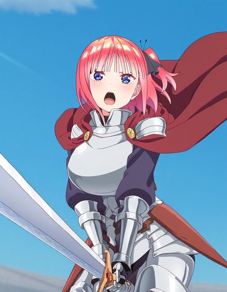 masterpiece, best quality, newest, absurdres, highres, safe,, <lora:nino-nakano-honeymoon-ponyxl-lora-nochekaiser:1>, nino nakano, short hair, bangs, blue eyes, large breasts, pink hair, blunt bangs, side ponytail, one side up, anime screencap, <lora:sunrise-stance-illustriousxl-lora-nochekaiser:1>, sunrise stance, weapon, sword, solo, open mouth, holding weapon, holding, holding sword, <lora:knight-ponyxl-lora-nochekaiser:1>, knight, armor, cape, shoulder armor, gauntlets, helmet, pauldrons, red cape,, ,