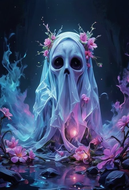 horror, monster, nightmare, fear, illustration, watercolor,
art by anne stokes,mandy disher, "highly detailed & intricate professional photography of an adorable friendly chibi ghost in a sheet composed of translucent 
Electroluminescent jelly; wearing flowers like the 1970s; Abstract concept art; 8k resolution; a trending masterpiece on Artstation; Captured in vivid triadic colors using 
Unreal Engine 5 and Octane for CG Society, the image is a surreal feast for the eyes", luminism, ultra highly detailed, 32 k, complex background, dynamic lighting, lights, 
digital painting, intricated pose, highly detailed intricated