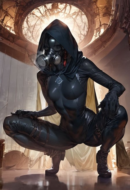 score_9, score_8_up, score_7_up, score_6_up, score_5_up, score_4_up,  1girl, black hair, braided, black eyes, (((night)), cinematic lighting, dramatic angle, solo, flat breasts, thighs, (((((((transparent black bodysuit)))))), (((((transparent gas mask))))), ((((flat  chest)))), ((hard nipple)), (((sweat))), (((heavy breath))), ((((transparent black hood))), (((transparent black cape)))), (((black dress))), (((((((crouched on very high Ceiling))))))), (((((((from behind view))))))), (((((((hand crouched on very high Ceiling)))))))