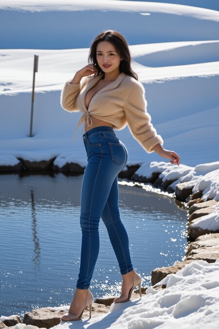 high angle,half profile picture of a model confidently Standinging besides a pond in a snow landscape. She placed her elbow akimbo with one hand,striking a seductive pose.She was wearing a gorgeous fur jacket on her upper body.,her skin is pale and her long,black,side swept,hair dances in the wind. she wears an,tight,jeans,meshing with her high heels and highlighting her toned body. her fur boa,puffy and voluminous,big,tight ass,hanging down her shoulders,flowing in the wind. near her a small pond with azure water,crystal clear and transparent,seemingly melting with the azure sky. the landscape lacks vegetation or rocks,consists of gentle harmonic snow hills. the image is very luminous and bright. the lighting soft and even,ethereal at times,highlighting clothing,skin and the soft snow shades. the image is an breathtaking blend of mysteriousness and fashion.,,,ABJeansBWFur,,aidmafluxproultra,,,<lora:roundassv16_FLUX:0.7>,<lora:BustyWomen-v3:0.7>,<lora:aidmaFluxProUltra:0.3>,<lora:Beautiful and sexy lady-Flux>,<lora:ABJeansBWFur_rank16_bf16:0.7>