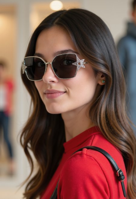clo035, beautiful young woman, wearing a Christian Dior sunglasses with a metal frame and black lenses. The sunglasses have a star-shaped design. red form fitting top, black belt. looking in the camera, smiling, in a fashion store, front view