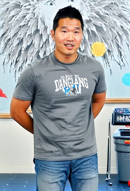 (((htkangface))), daddy,  natural face expression, (((detailed HtKangface))), fixed htKangface Photorealistic, realistic, masterpiece, intricate details, detailed background, depth of field, photo of a handsome, dynamic pose, natural face expression, (((looking at viewer))), high detail, high quality, male focus,  ((T shirt)), ((pants)), ((classroom background))
