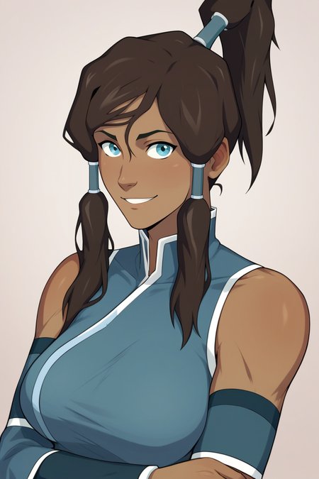score_9, score_8_up, score_7_up, BREAK, <lora:cummybender-guy-PONYv1:1>, 1girl, solo, long hair, breasts, looking at viewer, smile, blue eyes, large breasts, brown hair, bare shoulders, upper body, ponytail, detached sleeves, wide sleeves, hair tubes, korra,