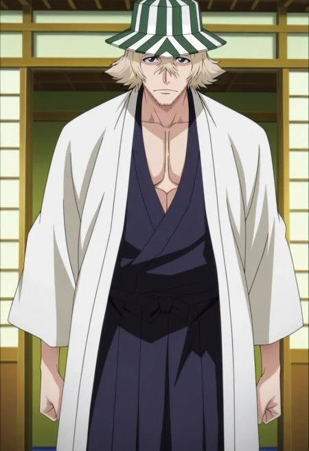 masterpiece, best quality, , anime screencap, , official style, looking at viewer, 1boy, solo, male focus, <lora:kisuke_urahara_ilxl:0.9>, kisuke_urahara, blonde hair, black eyes, short hair, hair between eyes, facial hair, stubble, hat, japanese clothes, cowboy shot