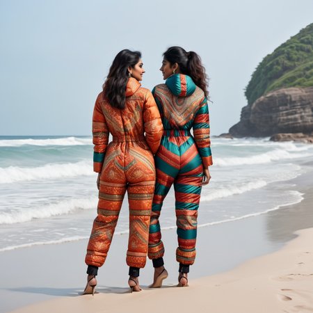 (rear shot)  two indian tall women wearing aBatik prints    downsuit puffer_downsuit , hyperdetailed photography,4k textures,intricate details,4k resolution,  <lora:puffer_downsuit_v1:0.4> beach scene