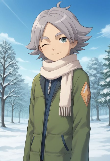 score_9, score_8_up, score_7_up, source_anime, highly detailed, 1boy, solo, male_focus, skinny, slender, 
fubuki2, 1solo, male focus, 1boy, scarf, tree, telstar, sky, day, grey hair, wink,