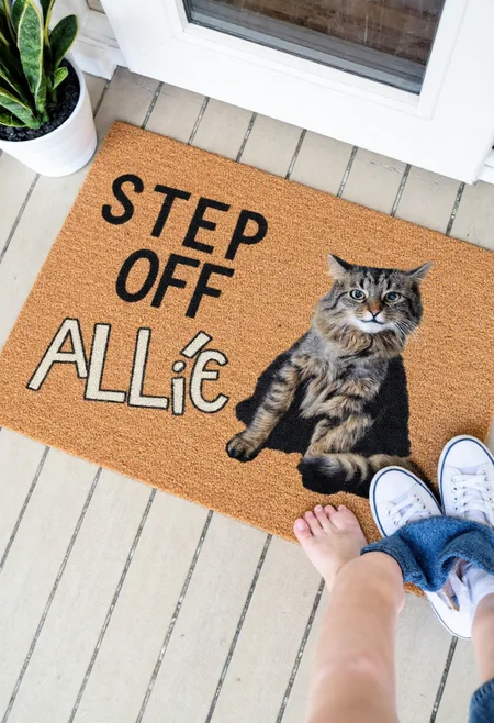 <lora:Welcome_Mat_Manufacturer_FLUX-000023:0.9> <lora:Allie_-_My_Cat_FLUX:1>
The image is a photograph of a small outdoor entrance area, featuring a doormat with a humorous design. The doormat is rectangular and made of a textured, brown, coir material. It has a vibrant, whimsical design featuring the text "Step Off"  and a fluffy, medium-sized cat named Allie with a mottled coat featuring dark brown and black tabby stripes