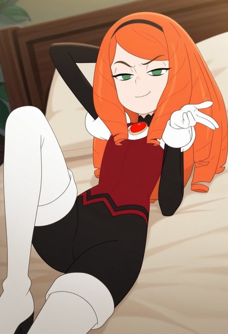 masterpiece, best quality, amazing quality, very aesthetic, absurdres, score_9, score_8_up, score_7_up, score_6_up, best_quality, beautiful body, perfect hands, hands, Perfect, detailed eyes, cowboy shot, 3D art style, 1girl, MinaDroners, green eyes, orange hair, long hair, drill hair, black hairband, bodysuit, black long-sleeved black top with a zigzagged turtleneck, white shirt, red brooch, puff sleeves, dark red vest, white cuffed gloves, black shorts, fur trim, white thighhighs, white thigh boots, sexy pose, looking at viewer, dutch angle, sexy pose, lying on back on bed, one knee up, one hand behind head, blowing kiss with one hand, smug