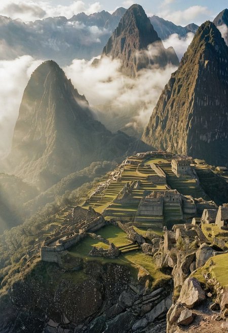 their peaks veiled in mist. mixed media, surrealism, great lighting, A surreal landscape highly detailed . extremely high-resolution details,  appears trapped in an optical illusion of reflections and refractions colorful , Machu Picchu high up in the mountains, professional photography, natural lighting, volumetric lighting maximalist. intricately detailed, complex, elegant, expansive, fantastical, film photography style,  medium grain