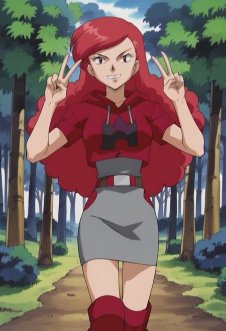 score_9, score_8_up, score_7_up, highly detailed, source_anime, retro_artstyle, anime screenshot, anime screencap, anime coloring, 
standing, v, victory pose, smile, teeth, looking at viewer, female focus, looking at viewer, outdoors, forest, trees, solo, solo focus
PKMNShelly, 1girl, red hair, long hair, red eyes, eyelashes, side swept bangs,  Team Magma, red hoodie, belt, grey skirt, red boots, short sleeves