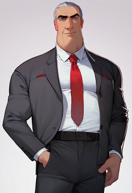 (score_9, score_8, score_9_up, score_8_up, score_7_up), easynegative, perfect eyes, 4k, Ultra-Detailed, Ultra-Highres, High quality, André Bourgeois, slicked back hair, gray hair, short hair, blue eyes, tall man, suit, dark gray jacket, tied jacket, white shirt, collared shirt, red necktie, red handkerchief in the jacket's upper pocket, dark gray slacks, sash, sash over his right shoulder, looking at view Break, simple background