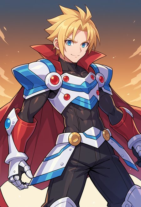 score_9, score_7_up, source_anime, BREAK   <lora:GunvoltMain:1> Azure Striker Gunvolt(Main), solo,, smile, 1boy, blue eyes, blonde hair, parted bangs, hair intakes, armor, pauldrons, cuirass, gauntlets, waist cape, greaves, black bodysuit, surcoat, shoulder sash, wing shoulder armor, red cape, pants,