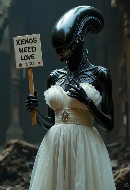 CLose-up Realistic Xenomorph queen with shiny black skin wearing a pretty white dress on a dark derelict spaceship holding sign that says "Xenos need love too ❤️",