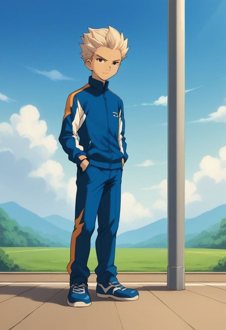 score_9, score_8_up, score_7_up, source_anime, highly detailed, 
male focus, 1boy, solo, track jacket, jacket, raimon, hands in pockets, day, sky, track suit, cloud, white hair, full body
outdoor,