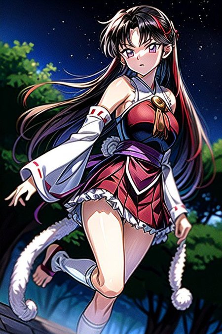 masterpiece,  best quality 1girl Setsun4 solo long hair,  (night time) forest background black hair very long hair purple eyes multicolored hair armor (fur trim) (medium body),<lora:EMS-179-EMS:0.800000>,<lora:EMS-293862-EMS:0.800000>ascot, bare shoulders, black footwear, detached sleeves, embellished costume, frills, japanese clothes, nontraditional miko, red skirt, sandals, sarashi, skirt, socks, white sleeves, white socks, wide sleeves, yellow ascot, zouri, armor, miko
