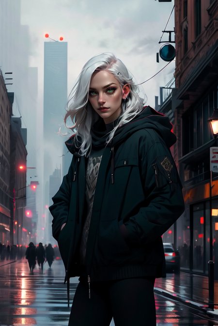 (masterpiece, best quality, high quality, highres, ultra-detailed), city, scenery, night, building, sign, cityscape, pantyhose, skyscraper, street lights, 
solo, 1girl, snake eyes, green eyes, hood, long hair, white hair, looking at viewer, outdoors, hood down, hands in pockets, thighhighs, bangs, long sleeves, jacket, black thighhighs, 
<lyco:NijiJourney-LyCoris-V6:0.8>, AS-Adult, Asian-Less, OverallDetail, SkinHairDetail, <lora:slit-pupils:1>,