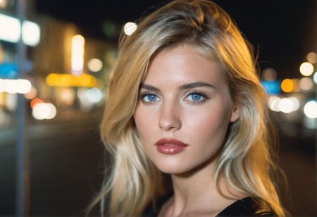 ((CinematicPortrait analog photo)) blonde  woman outdoors, blue eyes, (glossy  lipstick), (nighttime street lights bokeh), ((soft focus, depth of field, film grain, looking at viewer)) <lora:CinematicPortraitXL_v3:0.65>