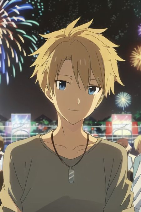 high resolution, professional photography, solo, best quality, 1Boy, Yamato Ishida, Blond Hair, Deep Blue Eyes, Necklace, festivals, nights, fireworks, crowds, happy, OverallDetail