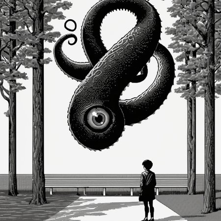 <lora:Macpaint-XL-000015:1>, Macpaint, black and white pixel image a tentacle monster with a giant eye scared of a chihuaha in the park, pixel art, best quality, 80s, minimalist,