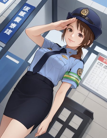 1girl , police, salute, pencil skirt, pencil skirt, smile, low ponytail, brown hair, woman hat, armband, dutch angle, police station, 
<lora:redlight_style_illustrious_v3:.75>