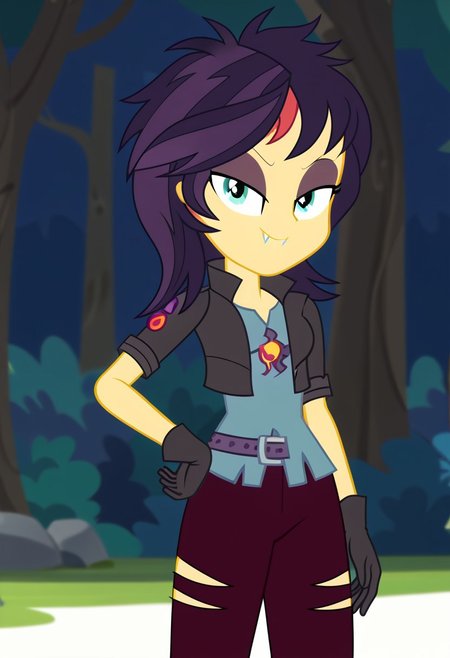 score_9, score_8_up, score_7_up BREAK Sunset Shimmer, cropped jacket, ripped pants, dark gloves, eyeshadow, short-sleeved jacket, dark red pants, looking at viewer, 1girl, posing, evil face, solo, grass, park, breasts, angry smile, teeth, petite body, bedroom eyes, seductive face, smiling, vampire fangs, vampire_shimmer_outfit, (flat shading, soft shading), ((equestria girls, show accurate:1.2))