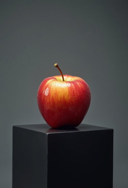 a solitary rainb0w m0rph apple, glistens colourfully on a matt black pedestal, against a grey gradient background