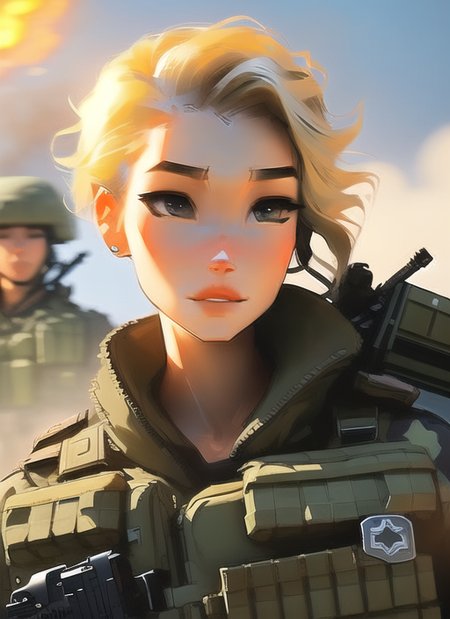samdoesarts;  an image of woman with short blonde hair, with military gear, cargo pants, (intricate), (detailed), digital art,  dynamic pose, in a battlefield