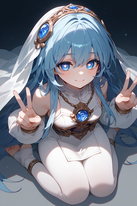 (score_9,score_8_up,score_7_up,),<lora:wushen-000018:0.9>,wushen,blue eyes,symbol-shaped pupils,blue hair,long hair,veil,hair ornament,white dress,jewelry,anklet,pantyhose,white dress,toeless legwear,blush,kneeling,face focus,from_above,double v,smile,