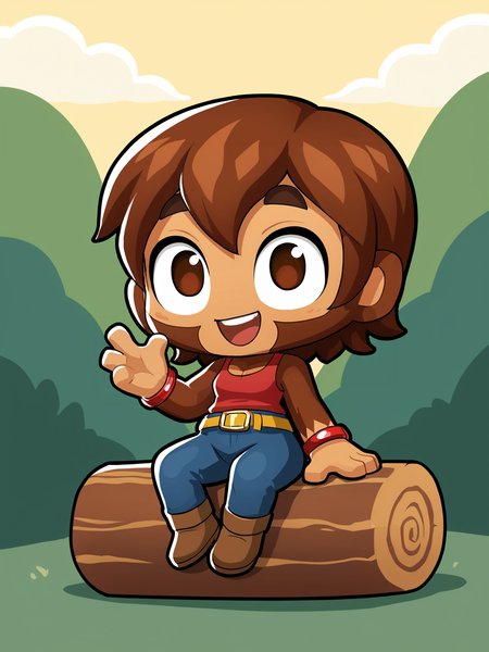 score 7 up,score_6_up,highres,,bushes,night,full moon,moonlight from above,dark forest,campfire,holding stick, <lora:btd6.v2:0.8>, furry, monkey, btd6, no nose, tail, 1girl, breasts,gwendolin, two-tone hair, red hair, (yellow hair:0.6),red headband, (blue_overall:1.3),(pink shirts:0.6),solo,happy,brown eyes, chibi, red bracelet, yellow belt,sitting on a log,shadow