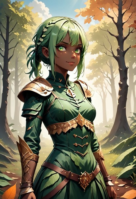 score_9, 1girl, Digital illustration featuring a fantasy-style elven character in a forest setting. The character is A 25-year-old goth darkelf with perfect face and perfect well-endowed hourglass figure lime green hair in long messy hairstyle. She is a darkelf with bleak dark skin and pointy ears, beautiful smile. she is dressed in full medieval-style armor, including shoulder plates, wrist guards, and a belt with a green cloth skirt adorned with various pouches and metal accents. The background is a lush, green forest with sunlight filtering through the trees, creating a mystical atmosphere. The character's facial expression is stern and determined, with green eyes and detailed tattoos on her arms.  WORLD MORPH LEAVES, RED LEAVES, DEAD LEAVES, PLANT GIRL, F41Arm0rXL