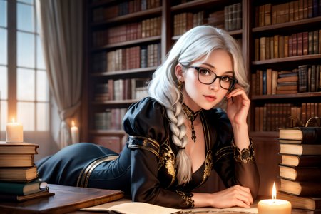 (masterpiece), (best quality), 1girl, from front, playful, looking at viewer, long white hair, small braids, glasses, black fantasy dress, gold embroiderie, <lora:FantasyStudy:0.7> fanstu, lying on a table, study, books, shelves, candles, air dust, dark shadows, light bloom, photorealistic