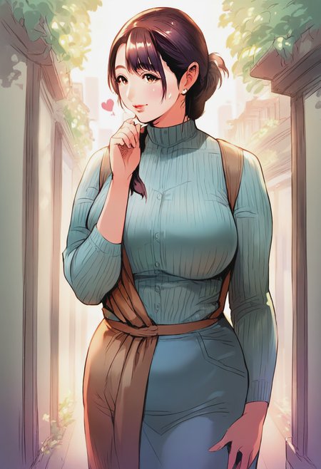 source_anime, score_9, score_8_up, score_7_up, 1girl, mature_female, solo, Standing with one hand over the heart, vanishing point, face, rating_safe, <lora:sdxl\pony diffusion\artist_styles\hyji_pony:1.0>
