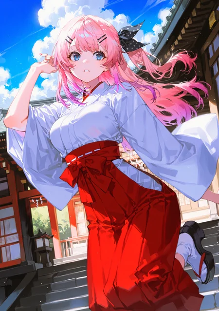 zPDXL3 Real score_9, score_8_up, score_7_up, score_6_up source_anime, highly detailed, sharp, intricate details, rating_safe rating_sensitive, rating_explicit, masterpiece, best quality, good quality, bright eyes light particles lens flare amazing quality, very aesthetic, very awa, absurdres, newest,
<lora:yoneyamaiXLNBVP1lokrV6311PZ:0.5>, <lora:96YOTTEA-WAI:0.5>
<lora:nhl-001:0.4> nhl-001 film grain multicolored background  <lora:ponyv4_noob1_2_adamW:0.4>
medium breasts, dynamic pose, dynamic angle,
optical illusion, ssambatea, quasarcake, Fishine, arutera, soresaki, reoen, sanbonzakura, askzy, negative space, see-through, made of, neon light, detailed background,
niji-meruto,large breasts,blue eyes,pink hair,gradient hair,side ponytail,single side ponytail,hairclip,hair ribbon,black ribbon,polka dots ribbon,
miko, japanese clothes, obi, outdoors, japanese temple, shrine, cloudy sky, socks footwear
 <lora:niji-meruto:0.7>