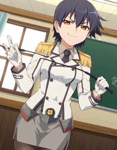 score_9, score_8_up, score_7_up, source_anime, <lora:suruga-kanbaru-offmonster-ponyxl-lora-nochekaiser:1>, suruga kanbaru, kanbaru suruga, short hair, black hair, brown eyes, medium breasts, anime screencap, <lora:kancolle-katori-cosplay-ponyxl-lora-nochekaiser:1>, kancolle katori cosplay, katori (kancolle) (cosplay), riding crop, pointer, epaulettes, holding pointer, double-breasted, cosplay, military uniform, military, holding riding crop, buttons, necktie, white gloves, black necktie, pantyhose, grey skirt, indoors, classroom, smug,, cowboy shot,, , dutch angle, cowboy shot