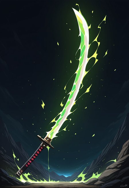 MASTERPIECE, AMAZING QUALITY, NO HUMANS, G0DSW0RD, ENERGY KATANA, JAGGED BLADE, GREEN ENERGY