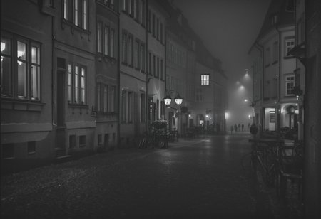 hasselblad, monochrome, instagram photo, in the picture you can see a german old town at night and fog. the streets are illuminated with streetlights and in the sky is the full mod