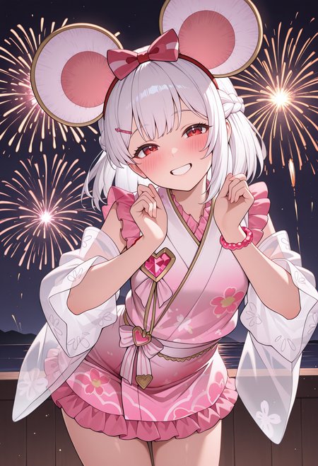 night, fireworks, hands up, leaning forward, teeth, looking at viewer, smile, blush, head tilt, gbfbikky, short hair, red eyes, gbikykta, white hair, mouse ears, fake animal ears, hair bow, red hairband, hairclip, half up braid, jinbei \(clothes\), gradient kimono, white kimono, pink kimono, yukata, pink frills, pink bow, floral print, heart brooch, detached sleeves, white sleeves, see-through sleeves, wide sleeves, bracelet, jewelry, skirt, highres, best quality, masterpiece,
1girl, solo,
<lora:_vikala-elesico-ilxlD:1>
