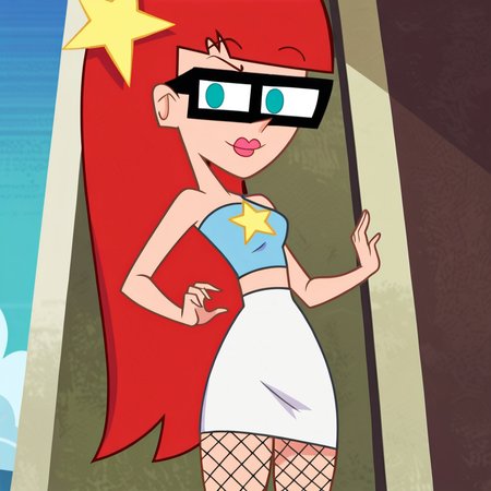 score_9, score_8_up, score_7_up, 1girl, red hair, glasses, blue eyes, style parody, long hair, blunt bangs, lipstick, star hair ornament, small breasts, narrow waist, wide hips, looking at viewer, tube top, miniskirt, fishnets, thick thighs, highres, high quality, masterpiece, <lora:Susan_Test_Reboot:1> <lora:flat_color_anime_xl:1>