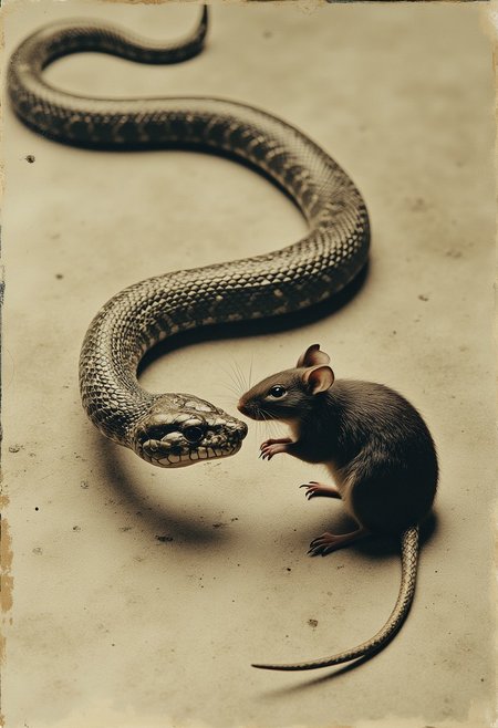 Multiple exposure in the style of Eadweard Muybridge, a snake attempting to bite a mouse. aidmamj6.1