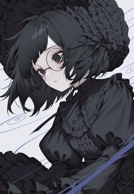 parted lips, round glasses, 

gothic_lolita, 
fluttering wind, fluttering hair, fluttering clothes, doll girl, doll joints,

1girl,  black eyes, black short hair,  multilayered dress, black_dress, lolita_fashion, puffy sleeves, long sleeves, black_frills, 

masterpiece, best quality, newest, absurdres, highres