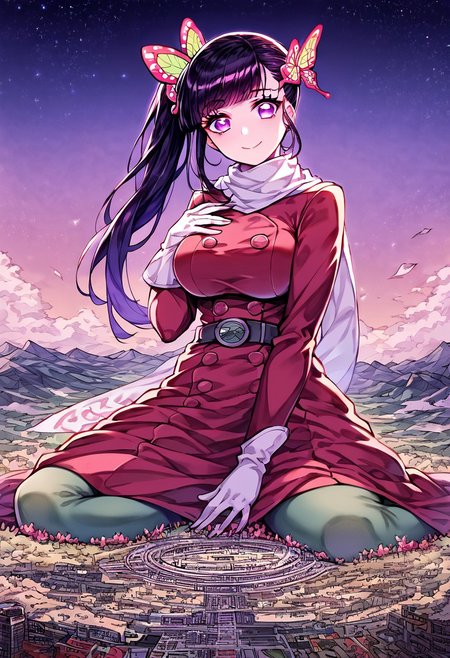 gorgeous lips, cinematic, (masterpiece), (best quality), (ultra-detailed), very aesthetic, perfect composition, intricate details, absurdres, detailed face, (anime, masterpiece, intricate:1.3), (best quality, hires textures, high detail:1.2), score_9, score_8_up, score_7_up, source_anime, 1girl, kanao tsuyuri, black hair, pink highlights, butterfly, butterfly hair ornament, purple eyes, long hair, side ponytail, ponytail, eyelashes, hair ornament, scarf, dress, red dress, long sleeves, buttons, gloves, white gloves, belt, pantyhose, green pantyhose, laced heels, white footwear, skirt, flower patterns, alternate_costume, enormous breasts, facial expression, kind, soft eyes, head tilt, slightly smiling, closed mouth, hand on breasts, goddess, planet size, giantess, growing even bigger, sitting on the city floor, gradient eyes, beautiful detailed eyes, city background, mountain landscape, city, mountain, building, skyscrapers, surrounded by tall skyscrapers, (masterpiece:1.4), (best quality:1.4), (ultra-detailed:1.2), gl0w, glow,