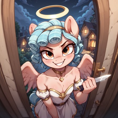 score_9, score_8_up, score_7_up, anthro pony, Cosy Glow, murderous grin, Halloween, holding knife, view from above, pov, close up, angel costume, halo, flat chest, petite, cleavage, angel wings, solo, 25 years old, dark, foyer door frame, porch, holding candy basket
<lora:Aer0Zer0_Artist_Style:.4>, <lora:Realistic_2.5DAnime_Merge1:.7>,  <lora:add-detail-xl:.7>,  <lora:Expressive_H:.4>,  <lora:Welost_Artist_Style:0.4>,  <lora:princess_xl_v2:0.8>
