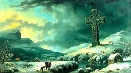 <lora:G30rg3B4rr3tSr_v1:1>, G30rg3B4rr3tSr oil painting, winter time, snowstorm, epic landscape, giant celtic cross