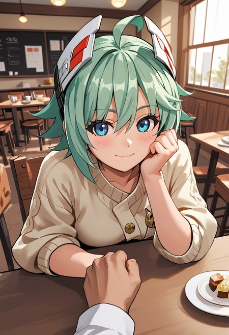 score_4,score_5,score_6,score_7_up,score_8_up,score_9 ((masterpiece,best quality,ultra detailed,highres,HD,4k:1.2))
oekaki,jaggy lines,
1 girl,solo,girl forcus,solo forcus, 
Lola(Normal),blue eyes,green hair, short hair, ahoge, hair between eyes, bangs, headgear,
pov date,across table pov,across table,sitting,
indoor, cafe, pov date, across table pov, across table, sitting, hand, right_hand, right_hand fist, right_hand touching face, left_hand, left_hand on table, left_hand placed horizontal,
happy,smile,blush,