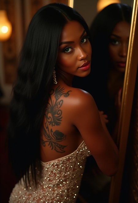 realistic photo. head to toe photography of a sesductive woman with a tribal tattoo on her back.  sexy black woman, attractive afro-american woman. very long straight black hair, green eyes, gorgeous lips, dark lips, medium perky breasts, perfect body, large hips, fit body, thick thigs, dynamic lighting, beaded dress, earrings, elegant, makeup. Sexy high heel shoes. red colored nails, hands and toes. She is embracing herself while admiring her beauty in the mirror. fancy party room, indoor, golden details,  high angle view,  parted lips. full body view.